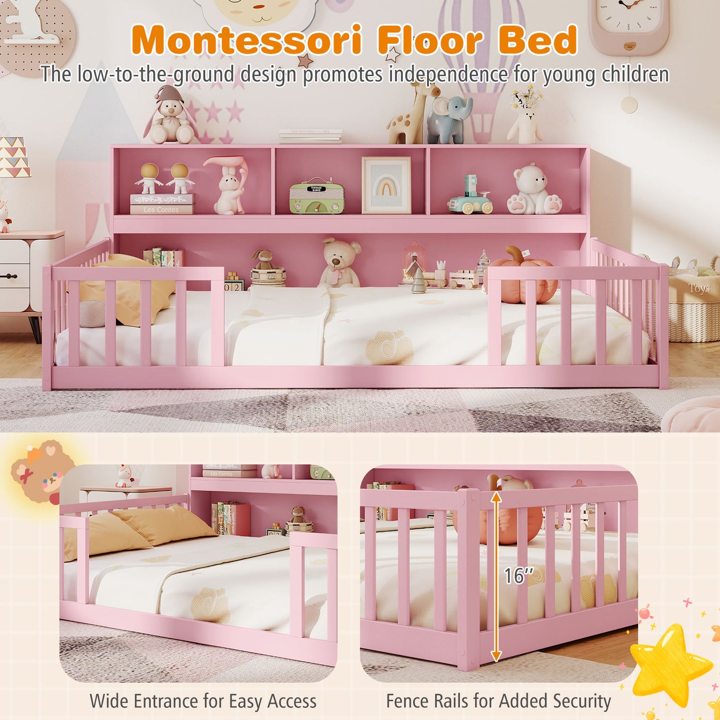 Montessori Floor Bed With Bookcase, Full Size, Pink Trundle Bed Frame at Gallery Canada