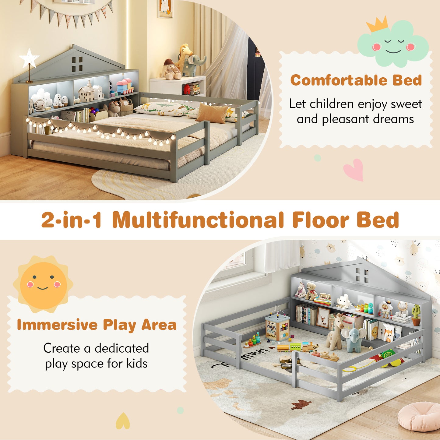 Full Size Montessori Floor Bed with Storage Compartments and Shelf, Gray Trundle Bed Frame at Gallery Canada