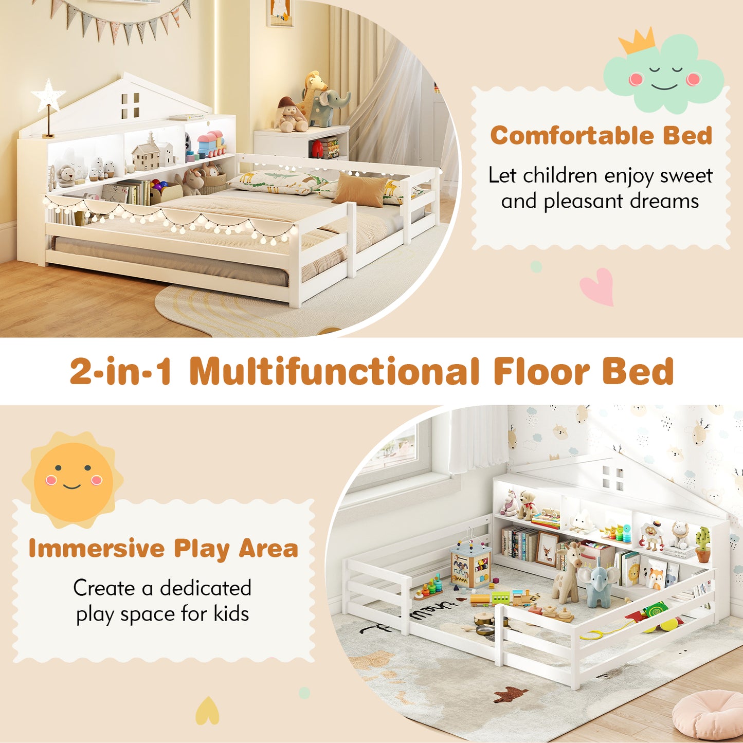 Full Size Montessori Floor Bed with Storage Compartments and Shelf, White Trundle Bed Frame at Gallery Canada