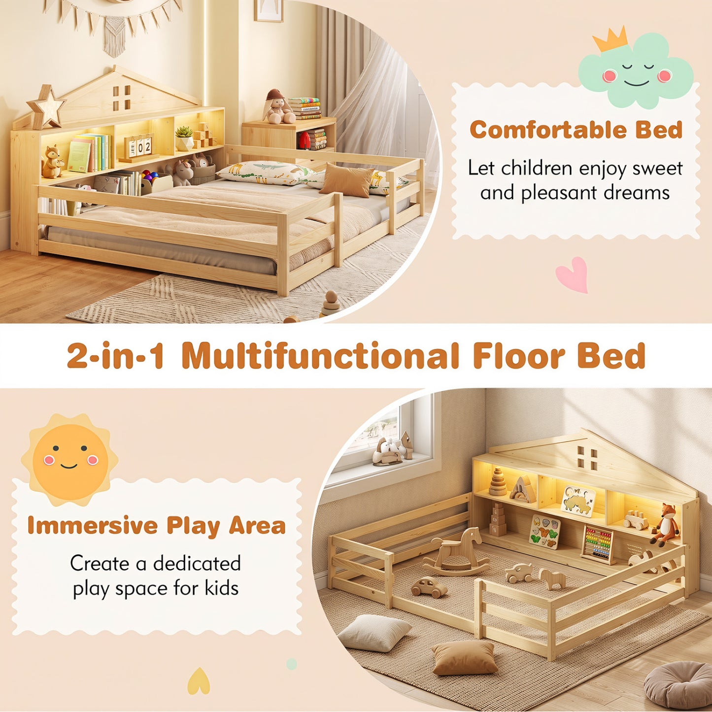 Lit au sol Montessori pleine taille avec rangement, naturel