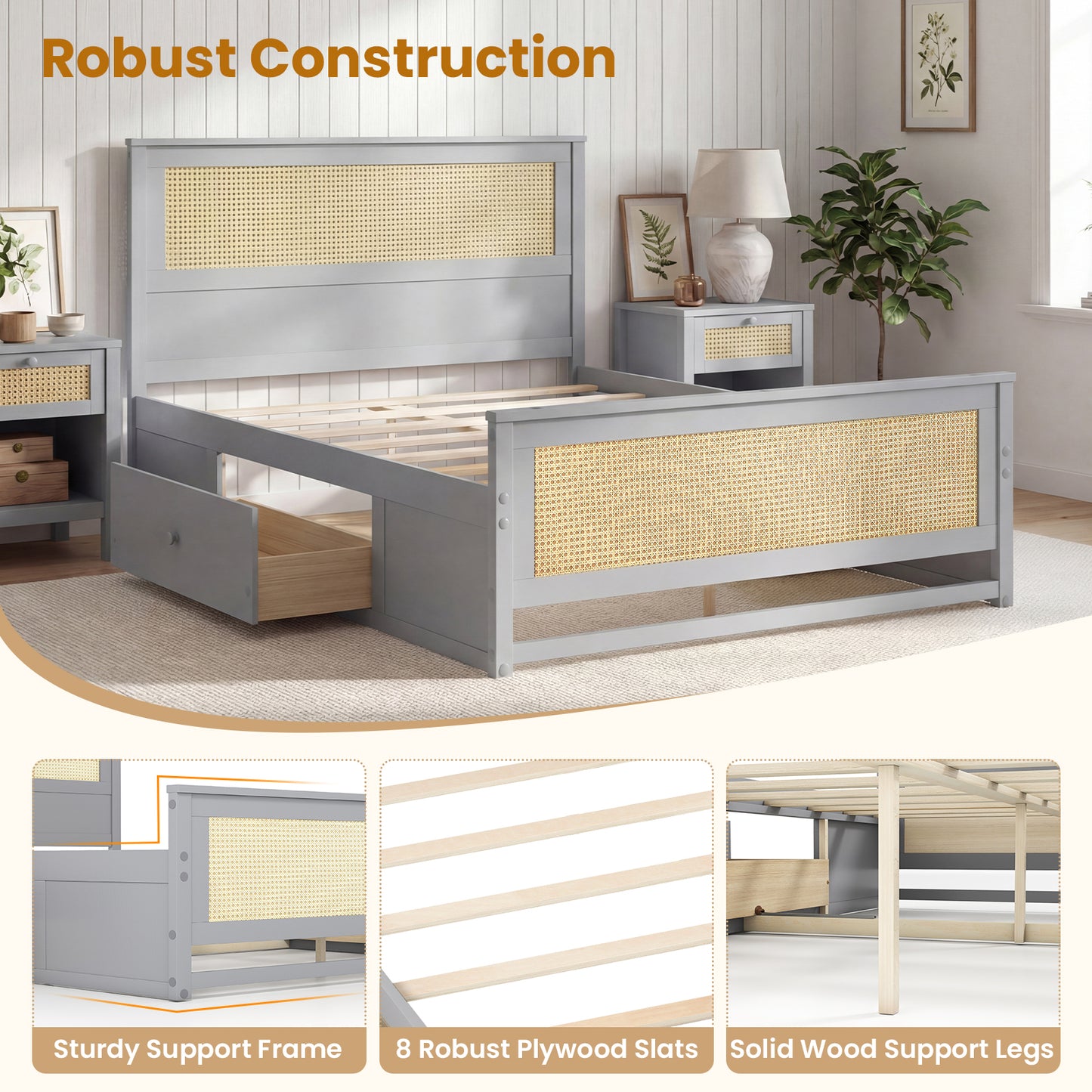 Full Size Rattan Bed Frame with Storage Drawers, Gray Trundle Bed Frame at Gallery Canada