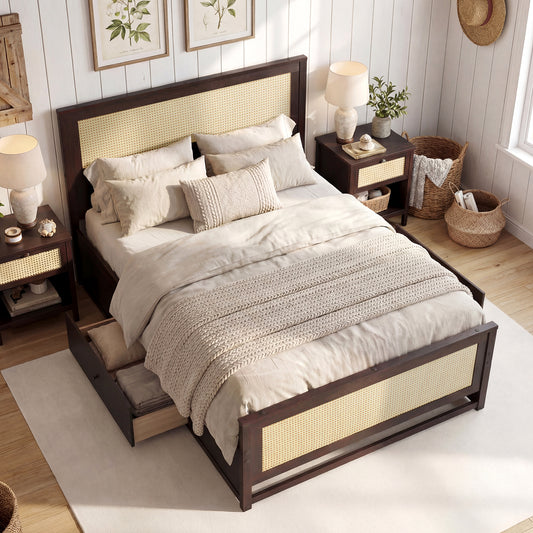 Full Size Rattan Bed Frame with Storage Drawers, Rustic Brown Trundle Bed Frame Rustic Brown at Gallery Canada