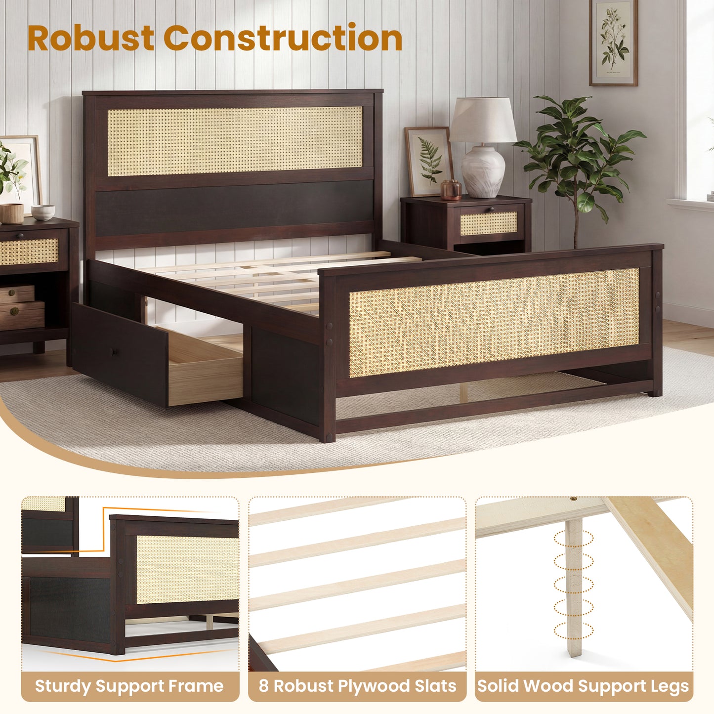 Full Size Rattan Bed Frame with Storage Drawers, Rustic Brown Trundle Bed Frame at Gallery Canada
