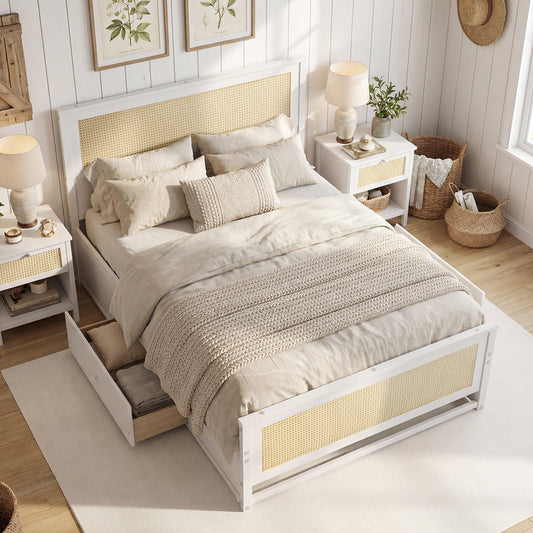 Full Size Rattan Bed Frame with Storage Drawers, White Trundle Bed Frame White at Gallery Canada