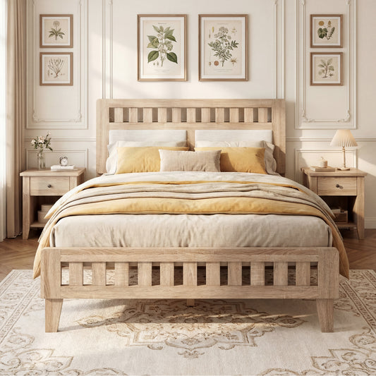 Full Size Wood Bed Frame, Upholstered Headboard, Mid Century Style, Beige Simple Bed Frame Beige at Gallery Canada