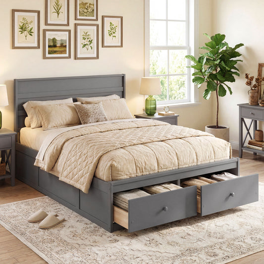 Full Size Wooden Platform Bed with Storage Drawers, Gray Simple Bed Frame Gray at Gallery Canada