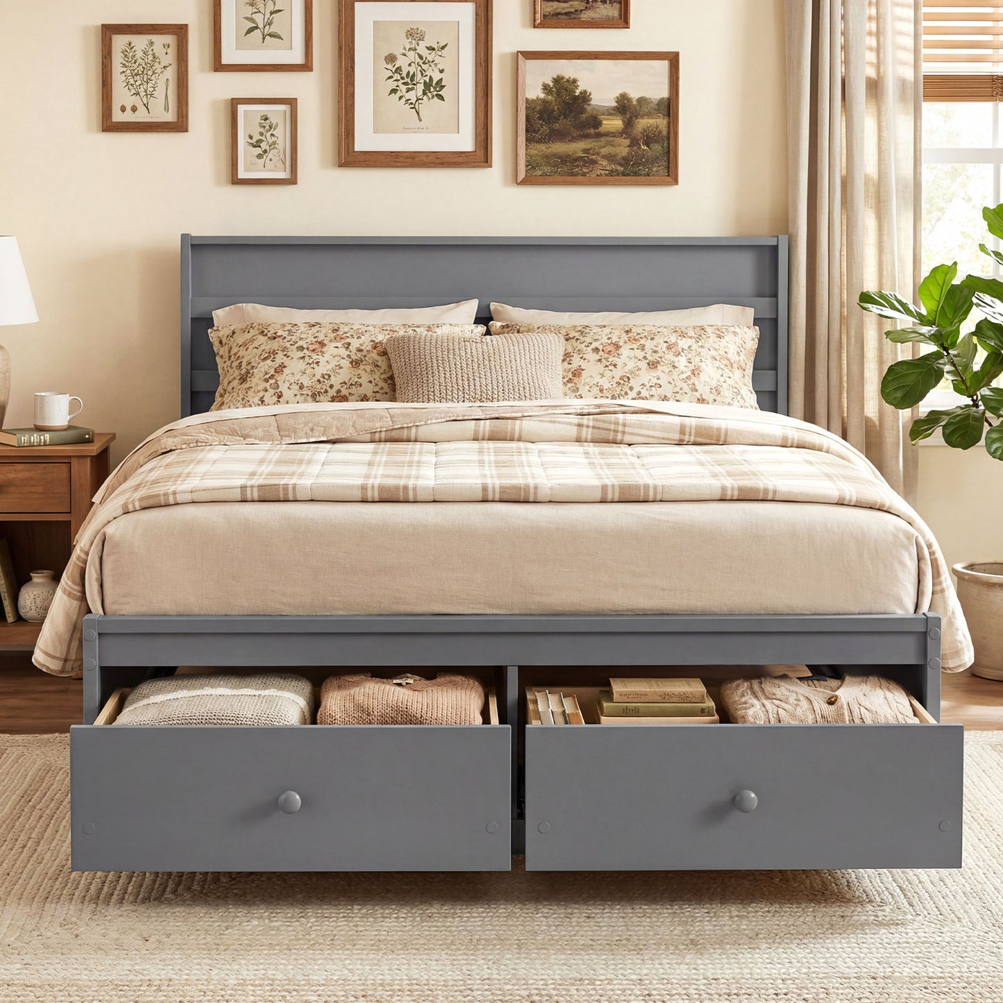 Full Size Wooden Platform Bed with Storage Drawers, Gray Simple Bed Frame at Gallery Canada