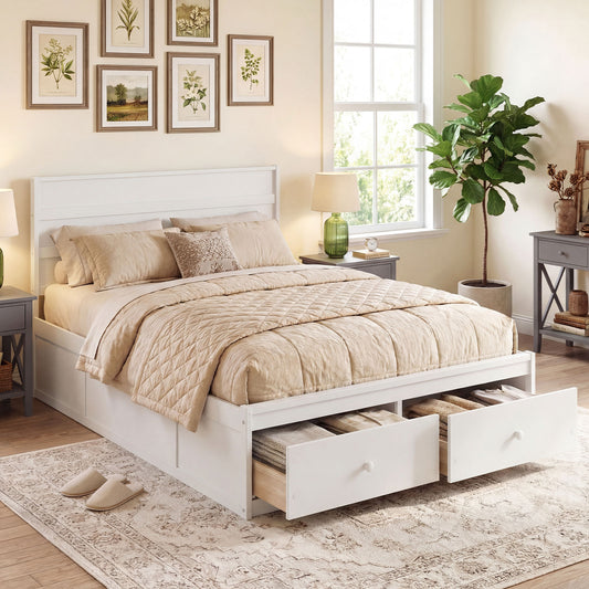Full Size Wooden Platform Bed With Storage Drawers, White Simple Bed Frame White at Gallery Canada