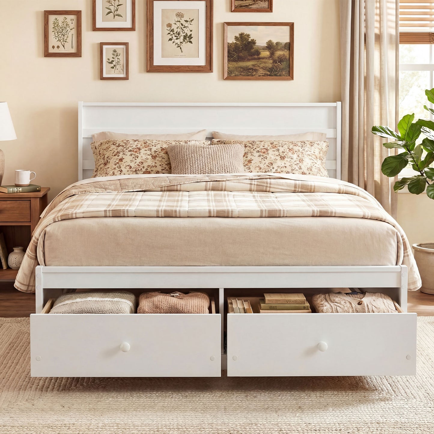 Full Size Wooden Platform Bed With Storage Drawers, White Simple Bed Frame at Gallery Canada