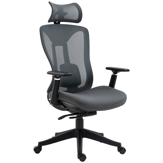 High Back Office Chair, Mesh Computer Desk Chair with Adjustable Headrest, Lumbar Support, 3D Armrest, Reclining Back, Sliding Seat, Grey at Gallery Canada