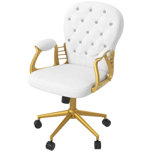 Velvet Office Desk Chair Button Tufted Vanity Chair with Swivel Wheels, Adjustable Height and Tilt Function, Cream White