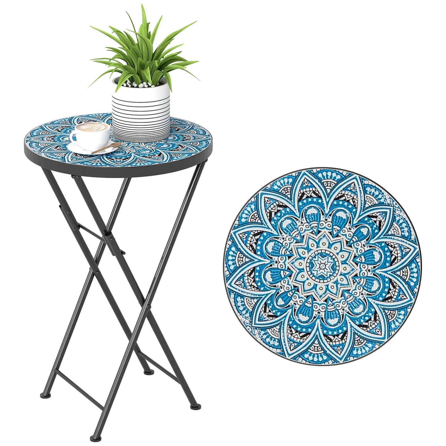 Mosaic Outdoor Patio Side Table, 14" Round, Steel Frame, Blue Patio Side Tables at Gallery Canada