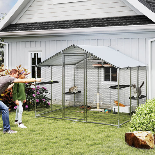Large Catio Outdoor Cat Enclosure, Waterproof Cover, 94.5" W, Walk-in Patio Outdoor Cat Enclosures Silver at Gallery Canada