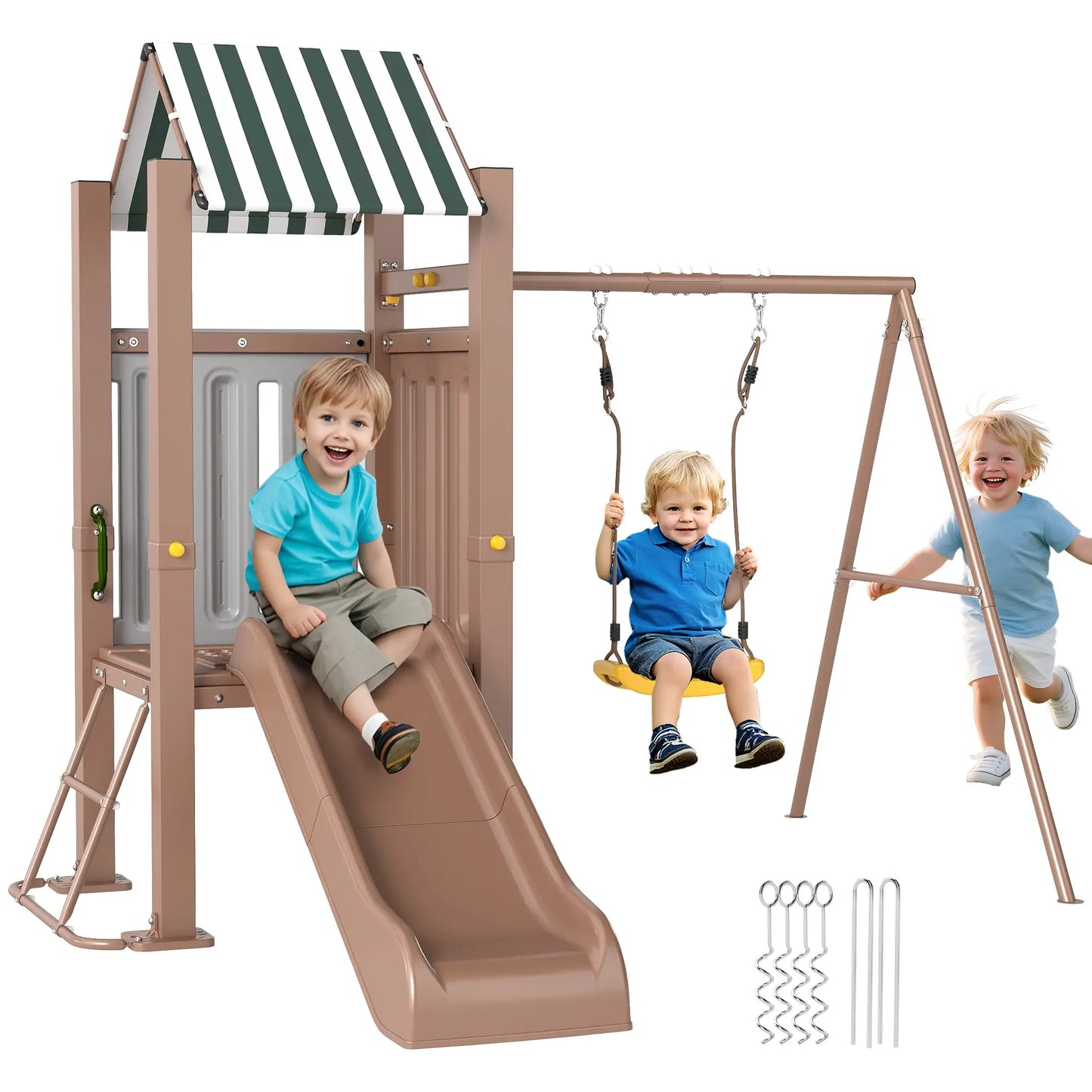 4-in-1 Kids Swing Set with Slide, Fort, Ladder, Stakes, Ages 3-8, Brown Gym Sets & Swings at Gallery Canada