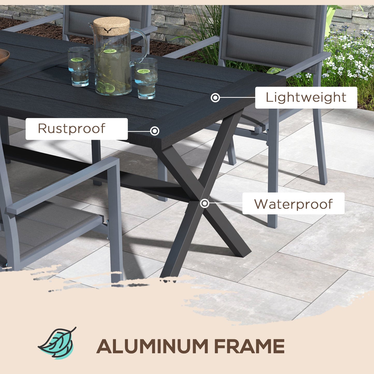 71" Outdoor Dining Table with X Shape Legs, Aluminium Frame Rectangular Darden Table for 4, for Backyard, Black