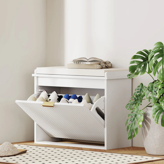 Entryway Bench with Padded Seat, Flip-Drawers, Holds 265lbs, Shoe Storage for 6 Pairs, White Shoe Storage Cabinets & Racks White, Beige at Gallery Canada