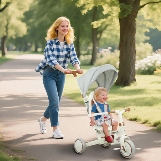 7 in 1 Toddler Tricycle, Safety Harness, Adjustable Parent Handle, Cream White Tricycles for Kids Cream at Gallery Canada