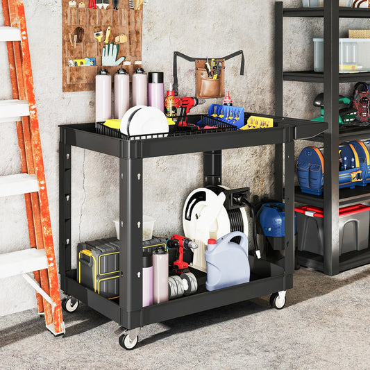 2-Tier Rolling Tool Cart, 500 LBS Capacity Plastic Utility Cart, Black Tool Organizers Black at Gallery Canada