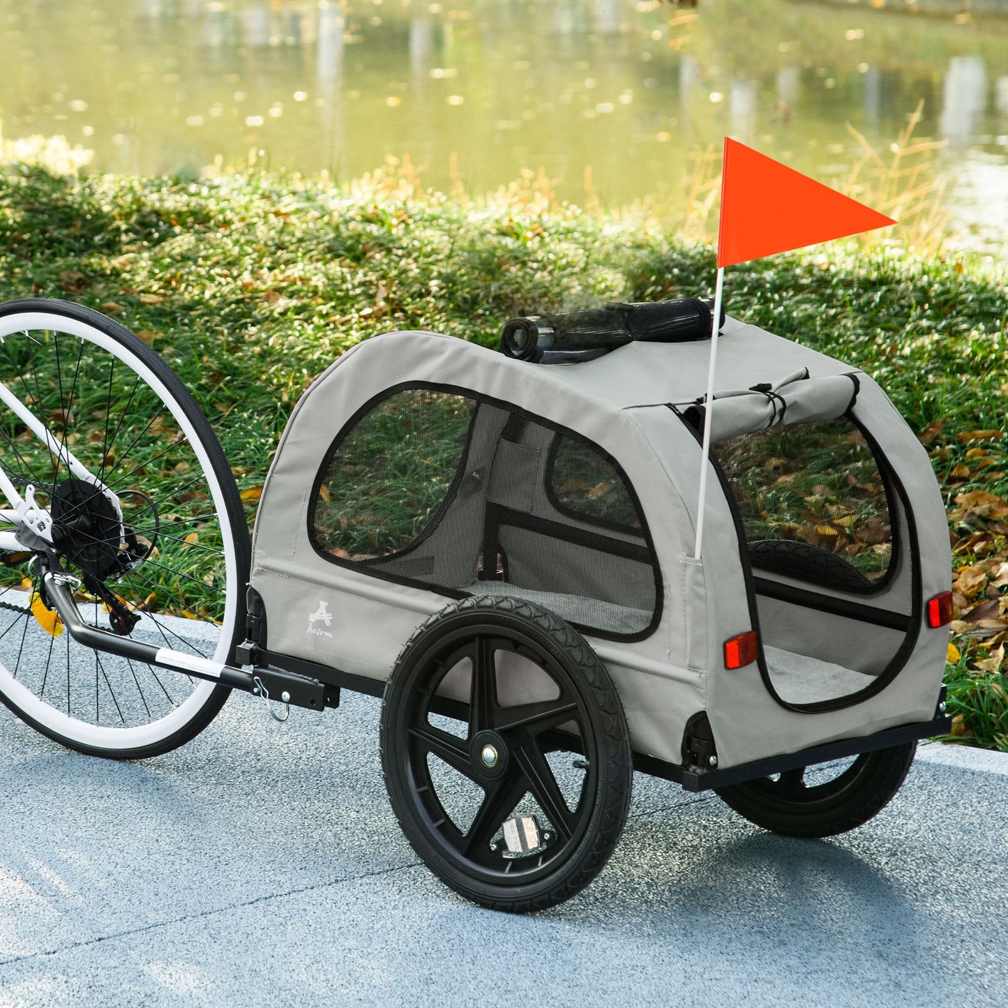 Dog Bike Trailer with Mesh Windows, Safety Leash, Safety Flag, Front/Rear Doors, for Medium Dogs Travel, Light Grey at Gallery Canada