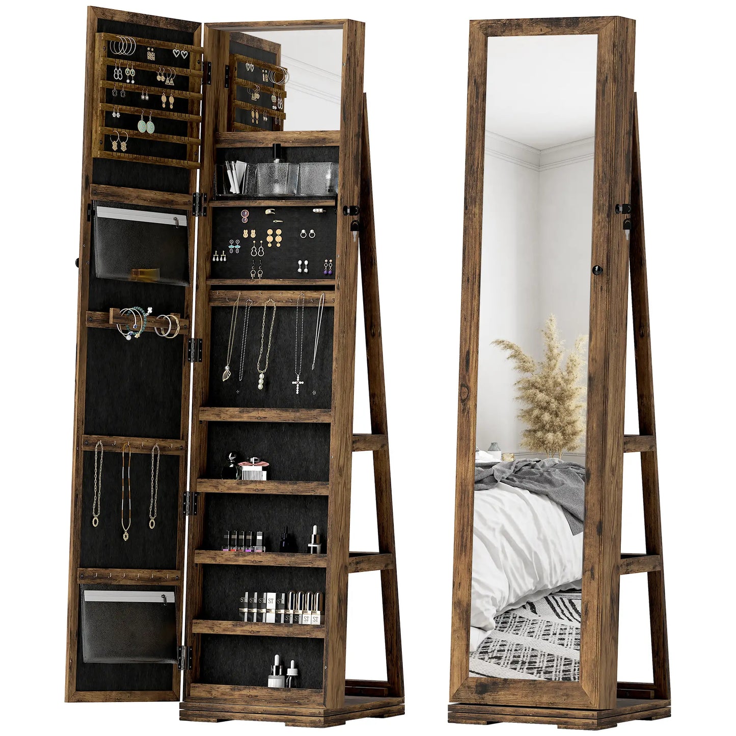 360° Swivel Jewelry Armoire, Lockable Mirror Cabinet, Rustic Brown Jewelry Armoire & Jewellery Mirror Cabinets at Gallery Canada