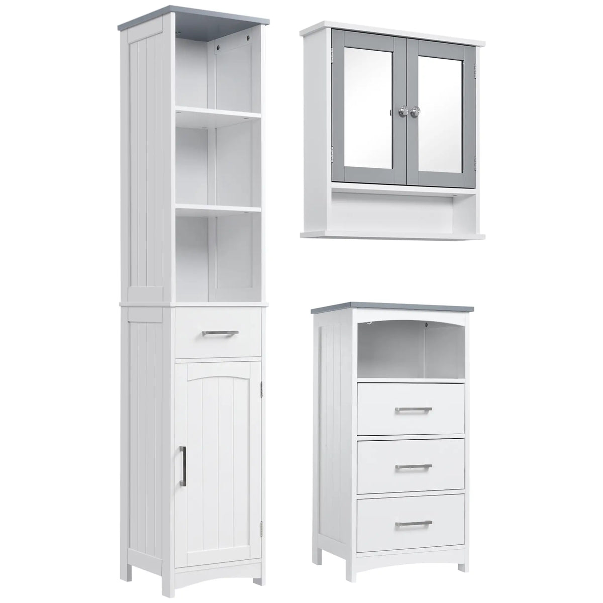 3-Piece Bathroom Set, Tall and Small Cabinets, Wall Mount Mirror, White Storage Cabinets at Gallery Canada