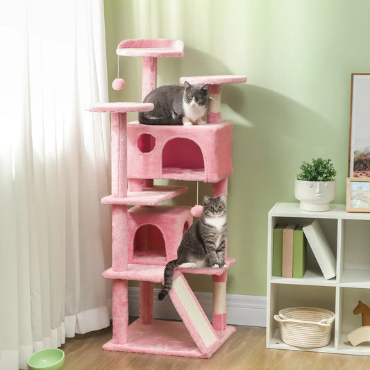 54" Cat Tree, Multi-Level Tower with Scratching Posts, Condos, Pink Cat Towers Pink, Cream White at Gallery Canada