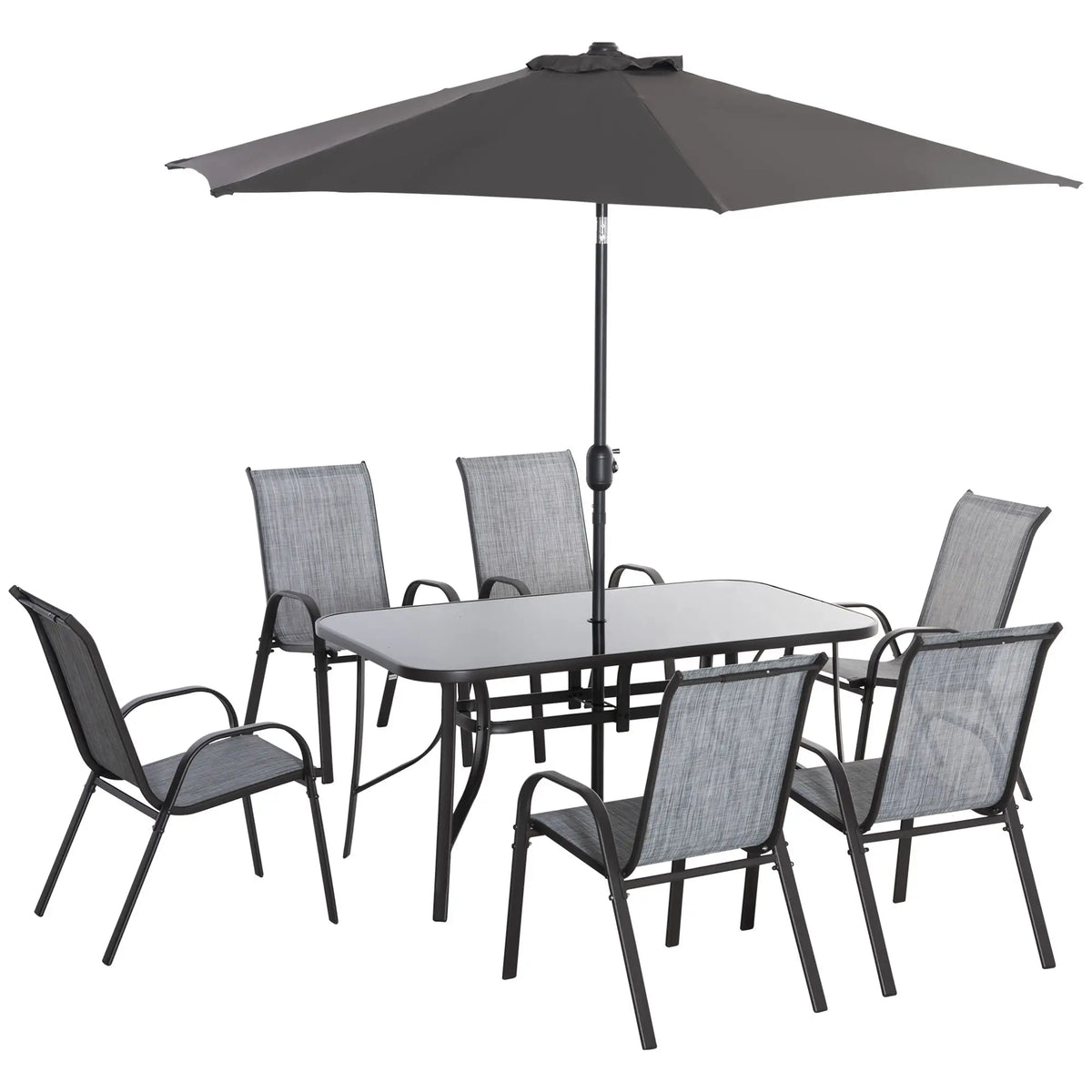 8 Piece Patio Dining Set With Umbrella, 6 Chairs, Grey Bistro Sets at Gallery Canada