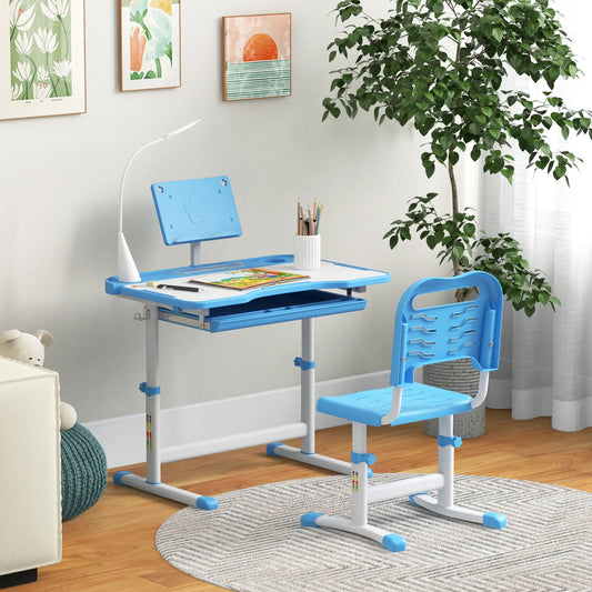 Adjustable Kids Desk and Chair Set, Tilt Desktop, Blue Kids Desk Sets Blue at Gallery Canada