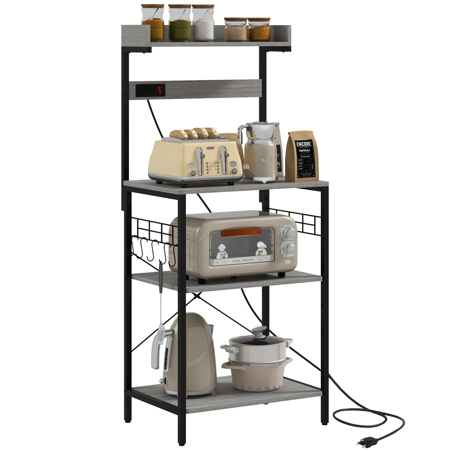 Kitchen Baker's Rack with Power Outlet, Adjustable Shelves, Distressed Grey, Grey Bar Cabinets at Gallery Canada