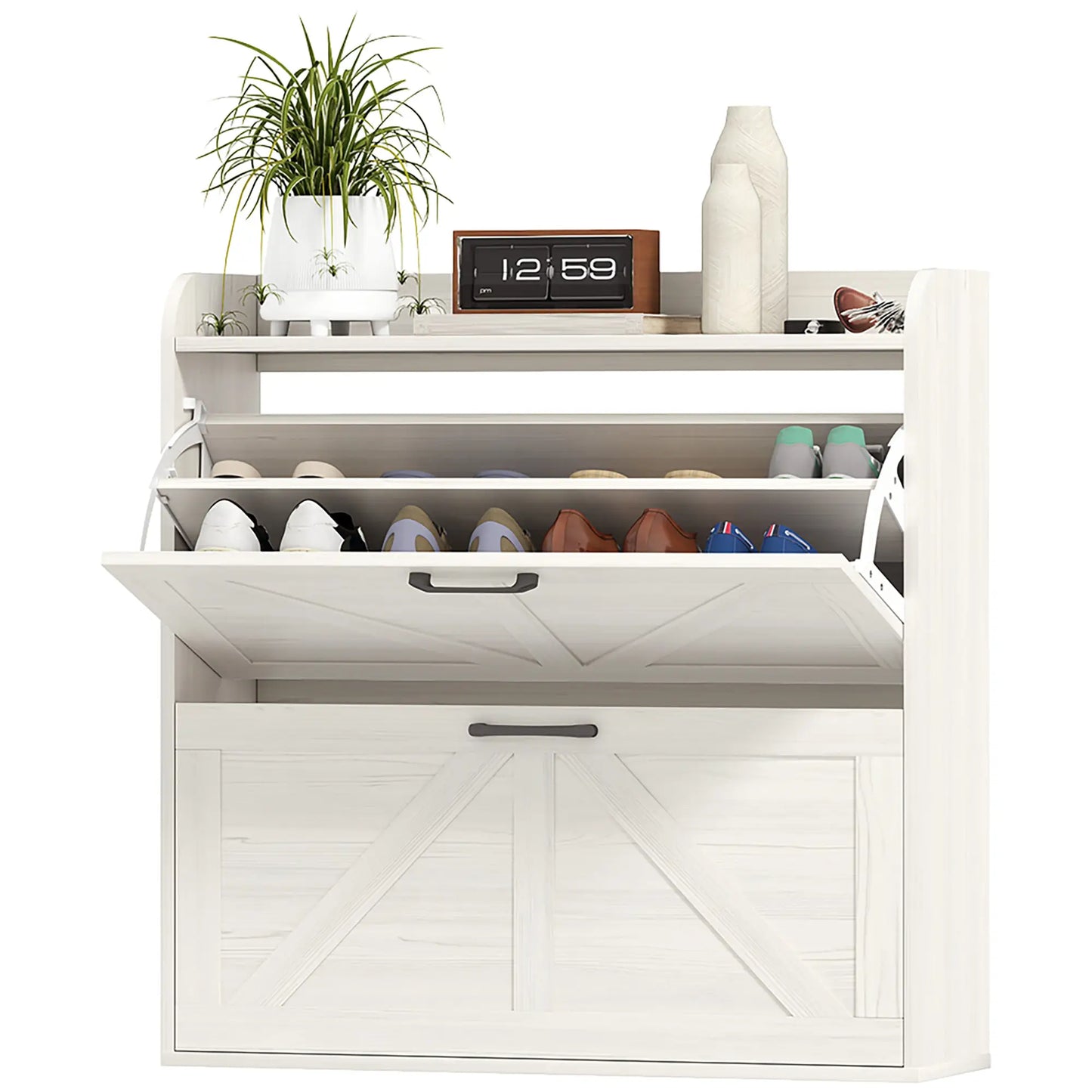 Narrow Shoe Storage Cabinet, 2 Flip Drawers, Adjustable Shelves, White Oak Shoe Storage Cabinets & Racks at Gallery Canada