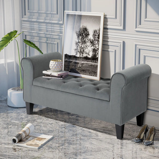 Button Tufted Storage Ottoman Bench, 70 Inches, Grey Storage Ottomans & Benches Grey at Gallery Canada