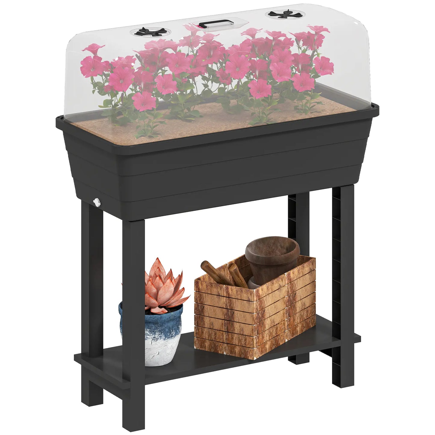 41L Self Watering Raised Garden Bed, Transparent Lid, Storage Shelf, Black