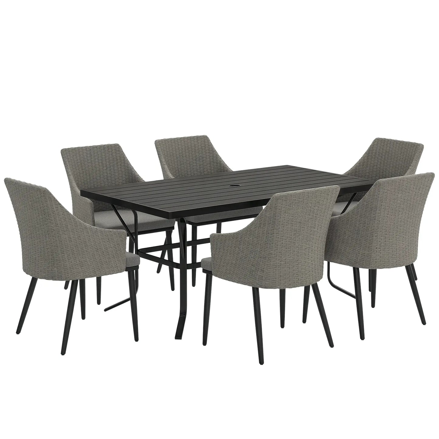 7 Piece Wicker Patio Set, Cushions, Umbrella Hole, Slatted Table Outdoor Dining Sets at Gallery Canada