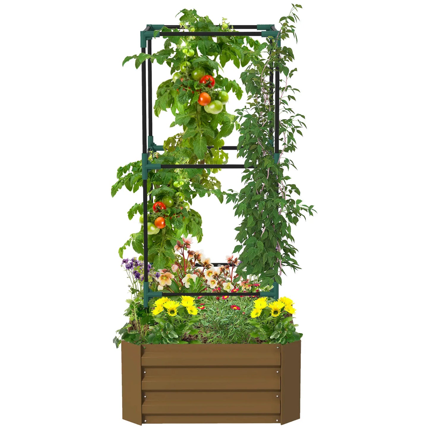 Galvanized Planter Box, Outdoor Raised Garden Bed with 3-Tier Trellis Tomato Cage for Climbing Vines, Vegetables, Brown Galvanized Planter Boxes at Gallery Canada