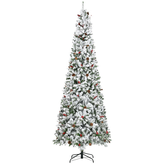 9-foot Pencil Snow Flocked Artificial Christmas Tree with 1350 Pine Realistic Branches, Pine Cones, Red Berries, Auto Open, Green at Gallery Canada