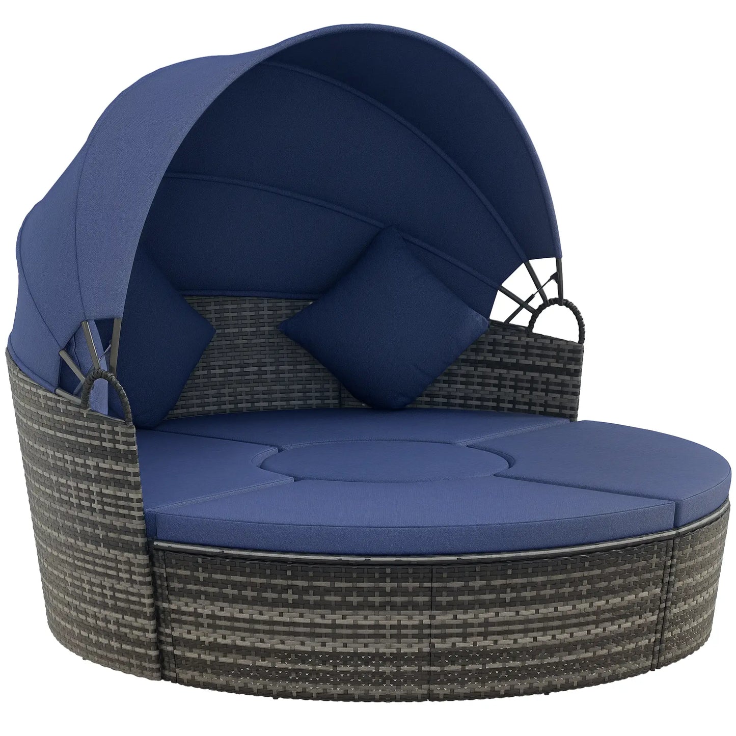 Outdoor Daybed with Canopy, Wicker Round Sofa, 4 Pieces, Dark Blue