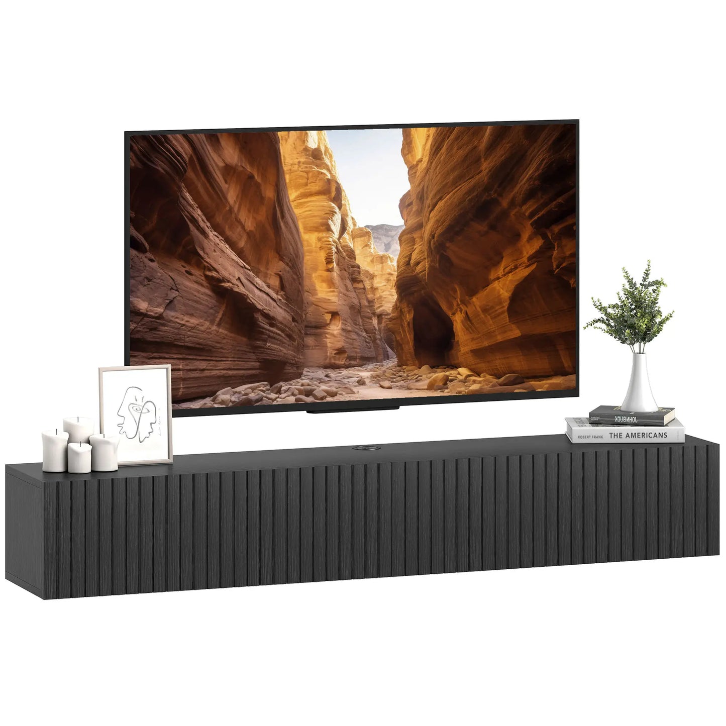 55 Inch Floating TV Stand, Wall Mount Media Console, 2 Fluted Doors, Black TV Stands at Gallery Canada