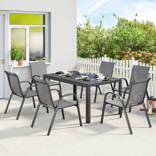 7-Piece Outdoor Dining Set, Rectangular Table, Stackable Chairs, Light Grey