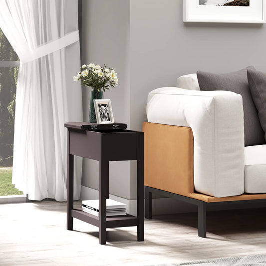 Flip Top End Side Table with Cabinet, Bottom Shelf, Dark Coffee Side Tables Dark Coffee at Gallery Canada