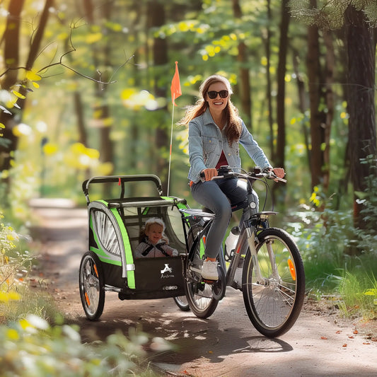 2 Seat Bike Trailer, Double Jogging Stroller, Handbrake, Rubber Wheels, Green Kids Bike Trailers Green, Grey, Black, Silver at Gallery Canada