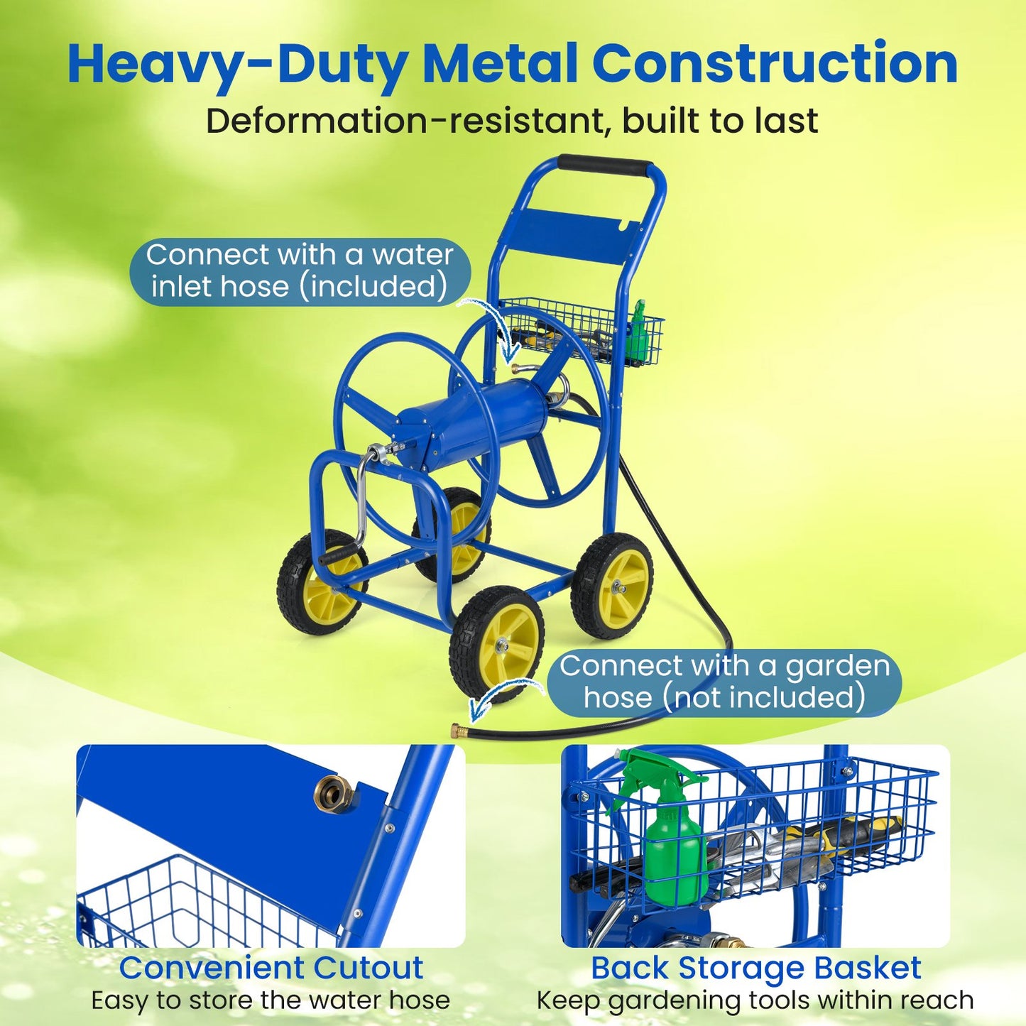 Garden Hose Reel Cart Metal Hose Cart with 4 Wheels and Storage Basket, Blue Watering & Irrigation at Gallery Canada