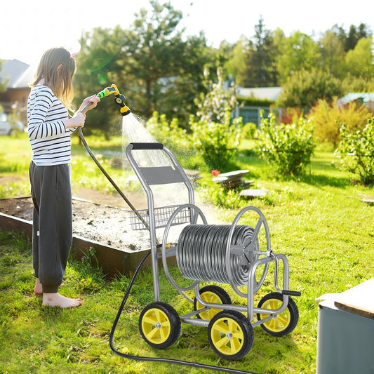 Garden Hose Reel Cart Metal Hose Cart with 4 Wheels and Storage Basket, Silver Watering & Irrigation Silver at Gallery Canada