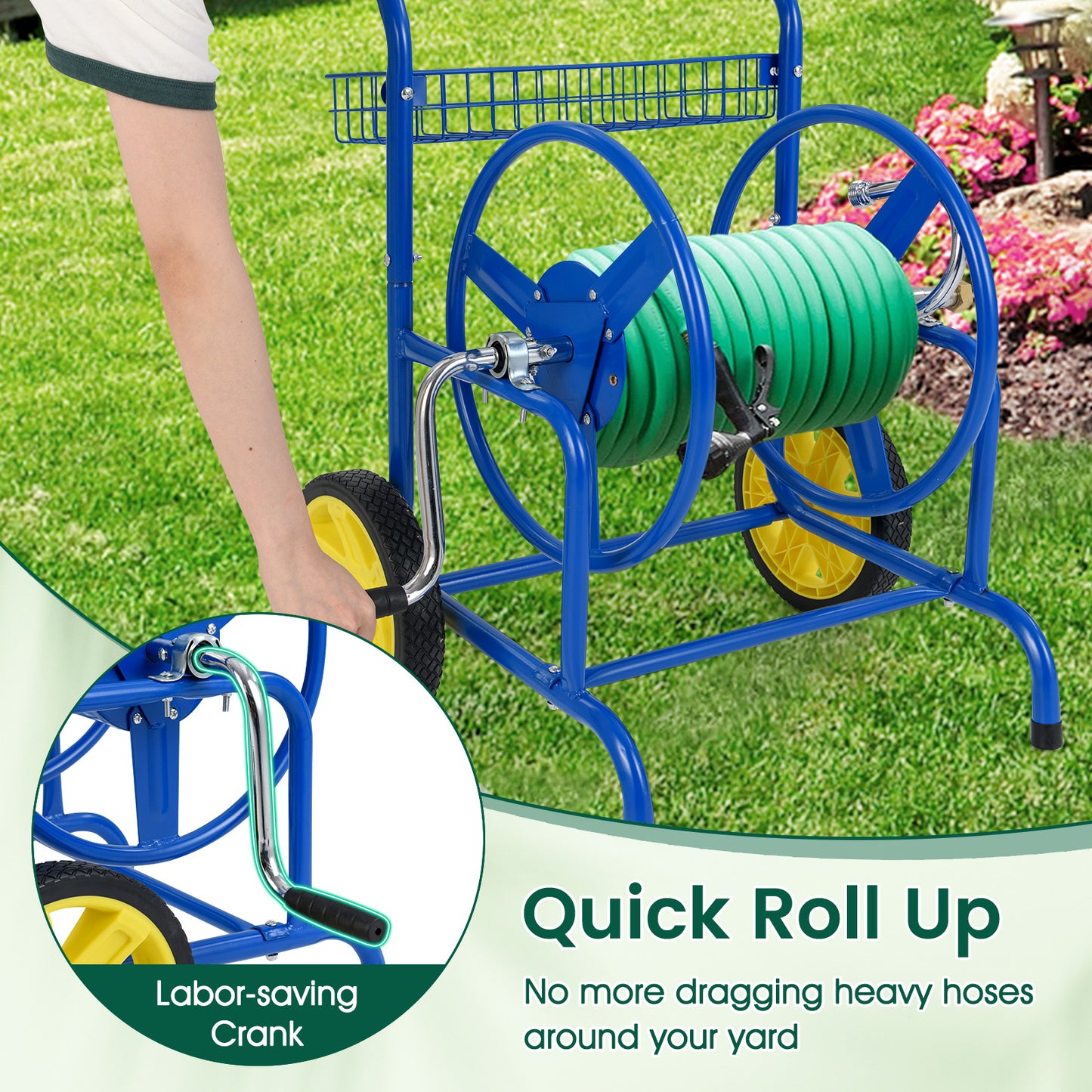 Garden Hose Reel Cart With 2 Wheels, Storage Basket, Blue Watering & Irrigation at Gallery Canada