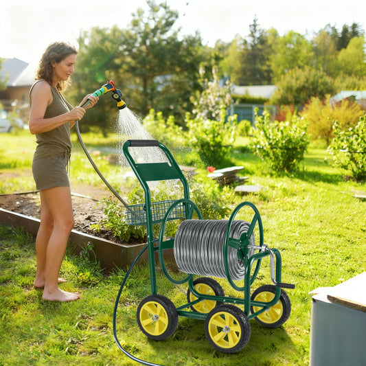 Metal Garden Hose Reel Cart With 4 Wheels, Storage Basket, Green