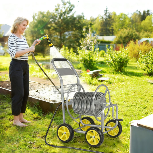Metal Garden Hose Reel Cart, 4 Wheels, Storage Basket, Silver