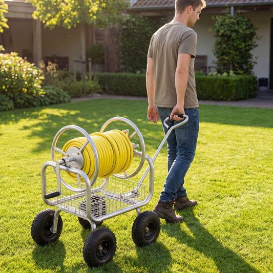 Garden Hose Reel Cart, 300 Feet Large Capacity, 4 Wheels, Storage Basket, Silver Watering & Irrigation Silver at Gallery Canada