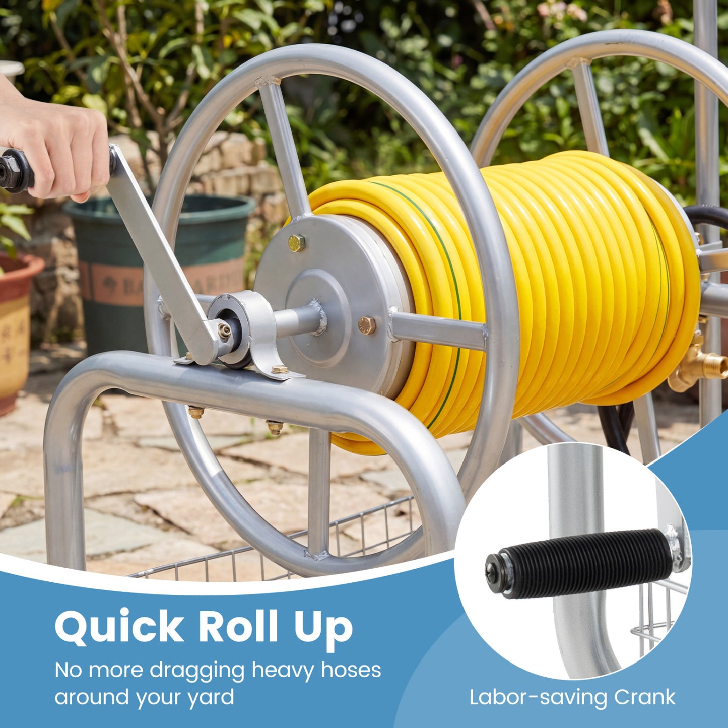 Garden Hose Reel Cart, 300 Feet Large Capacity, 4 Wheels, Storage Basket, Silver Watering & Irrigation at Gallery Canada