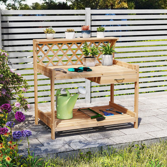 Garden Potting Bench Table Wooden Planting Workstation with Lattice Trellis Potting Benches & Tables Options at Gallery Canada