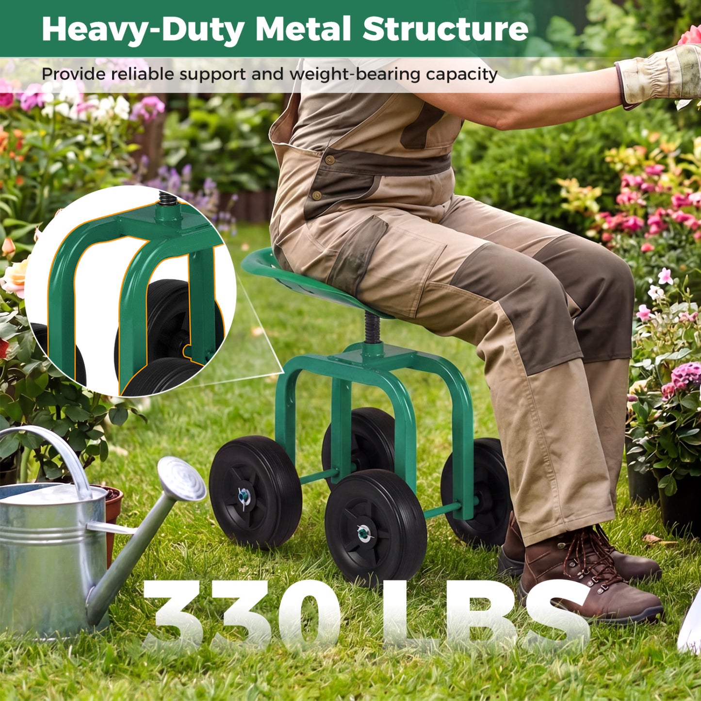 Garden Rolling Workseat, 360° Swivel, Adjustable Height, Green Garden Tools at Gallery Canada