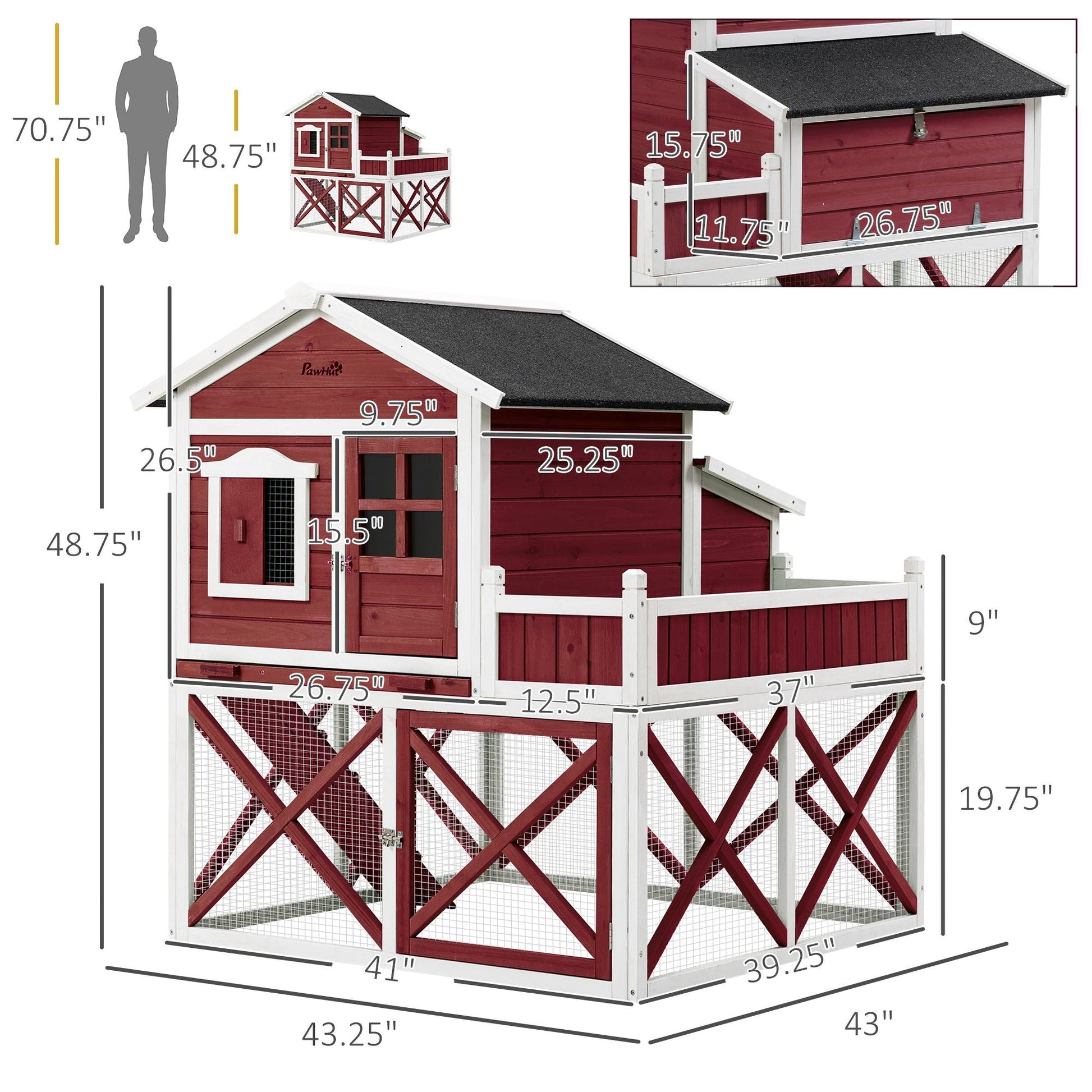 44" Chicken Coop, Wooden Hen Run House, Rabbit Hutch with Nesting Box, Removable Tray, Asphalt Roof, Planting Lattice, Red at Gallery Canada
